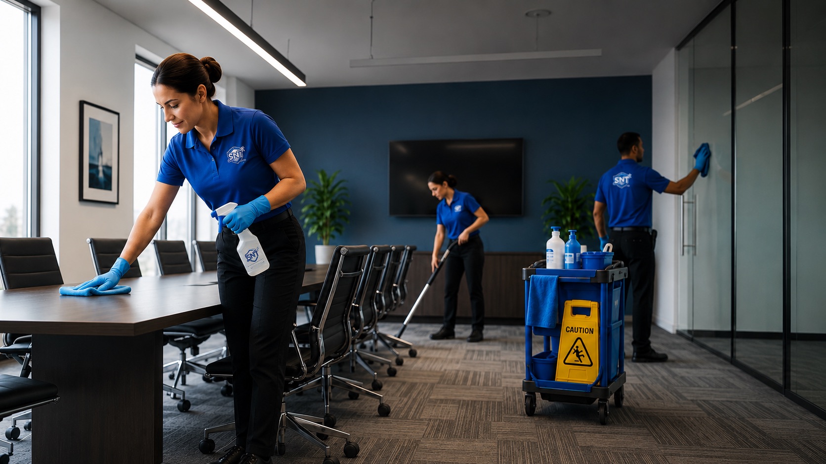 SNT crew in branded blue uniforms servicing a conference room — wiping the table, vacuuming, and detailing the glass wall
